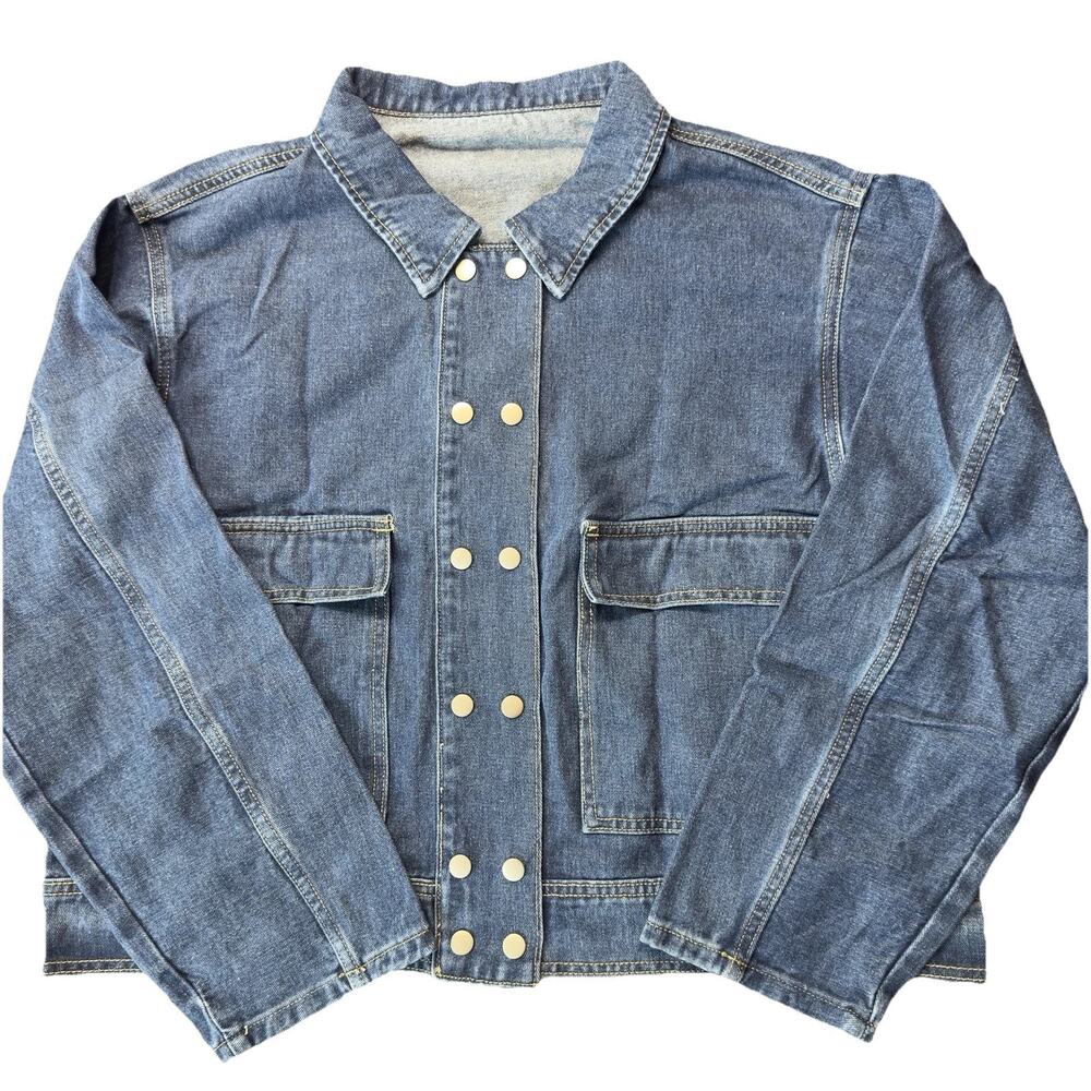 Blue Denim Jacket Women XL Snap Button Utility‎ Oversized NWT